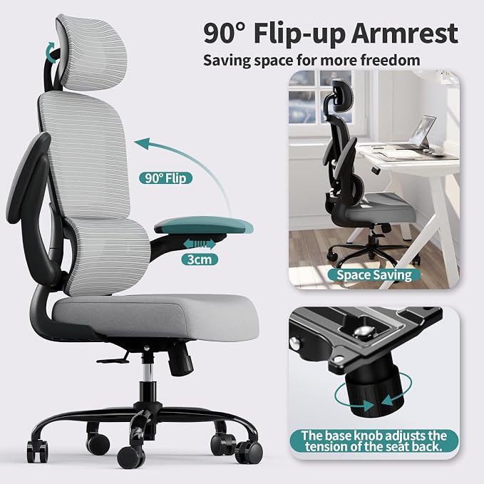 TRALT Office Chair Ergonomic Desk Chair - Gaming Chair with Lumbar Support | 330 LBS Home Office Desk Chairs with Headrest, Reading Chair with Flip-up Armrests, Comfortable Computer Chairs (1, Grey) - Image 5