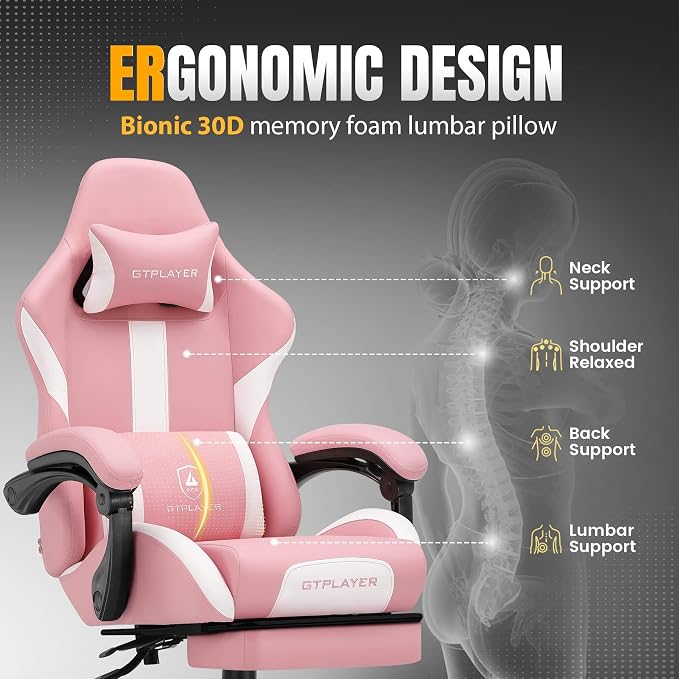 GTPLAYER Gaming Chair with Pocket Spring Cushion, Leather Office Chair with Ergonomic High Back & Lumbar Support for Back Pain Relief, Computer Game Chair for Adults, Pink - Image 5