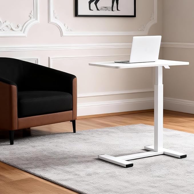 Large Pneumatic Hospital Bed Table,Hidden Wheels Adjustable Height C-Shaped End Table,Overbed Bedside Table with Wheels, Side Table for Sofa & Bedside(15.8''Wx31.5'D'x37.1''H,White) - Image 4