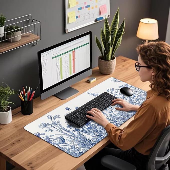 Large Gaming Mouse Pad Desk Mat 31.5"x15.7" Non Slip Blue Floral | Extended Mousepad, Non-Slip Rubber Base , Stitched Edges, for Computer/Laptop/Office/Home - Image 5