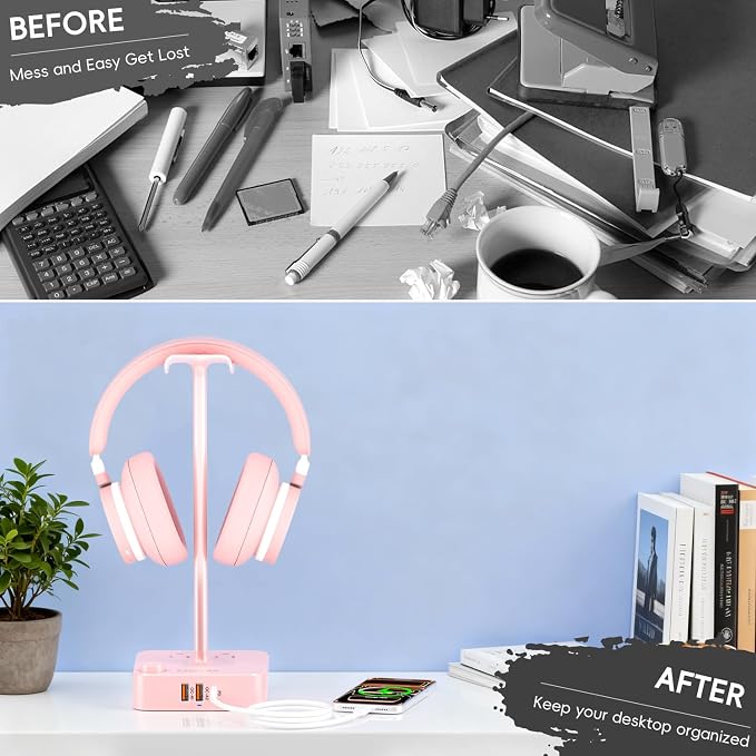 cozoo Headphone Stand with Charger, USB C, Gifts for Gamers Men, Pink | Gaming Headset Stand Holder for Desk, 3 USB(1 USB C) and 2 AC Outlets Charging Ports, Headphone Hanger, Gamer Gifts for Men - Image 7