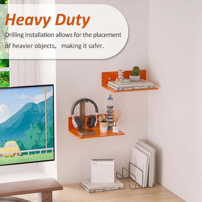 Sezanrpt 9 Inch Orange Wall Shelves, Acrylic Wall Mounting Ledges Display, Acrylic Display Wall Shelf for Funko Pop Figures, Collectibles, Plants, Décor, Toiletries, Spices, 2 Pack - Image 3