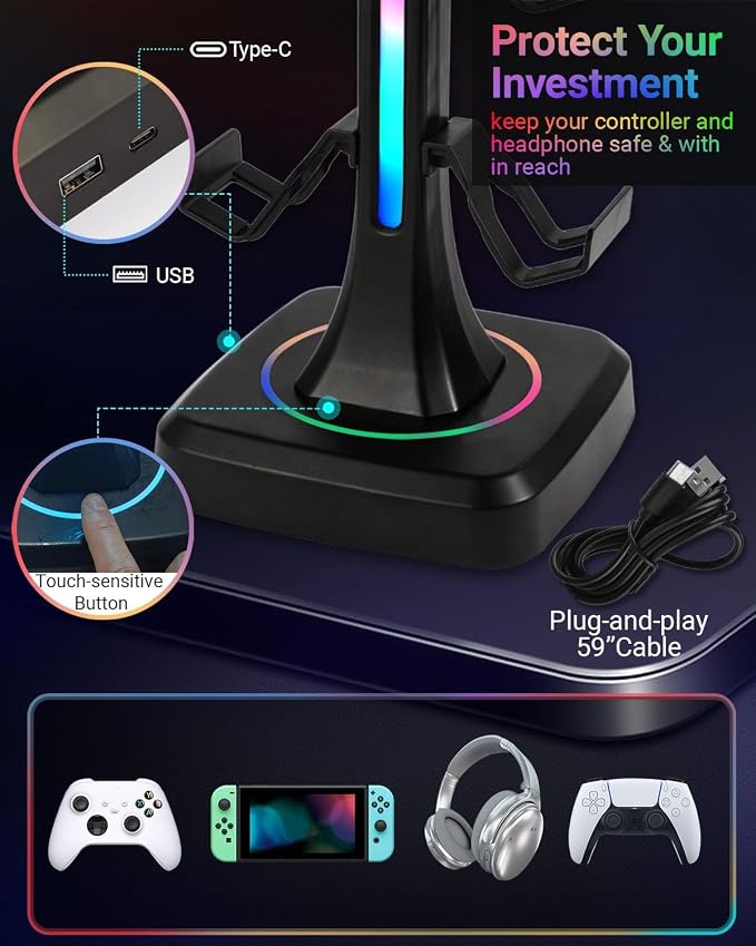 Controller Headset Stand for PS5, Xbox, Switch | 10 RGB light modes,Universal compatibility,360° rotatable headphone holder,Stable,Scratch protection,Easy assemble,Gamer gift - Image 2