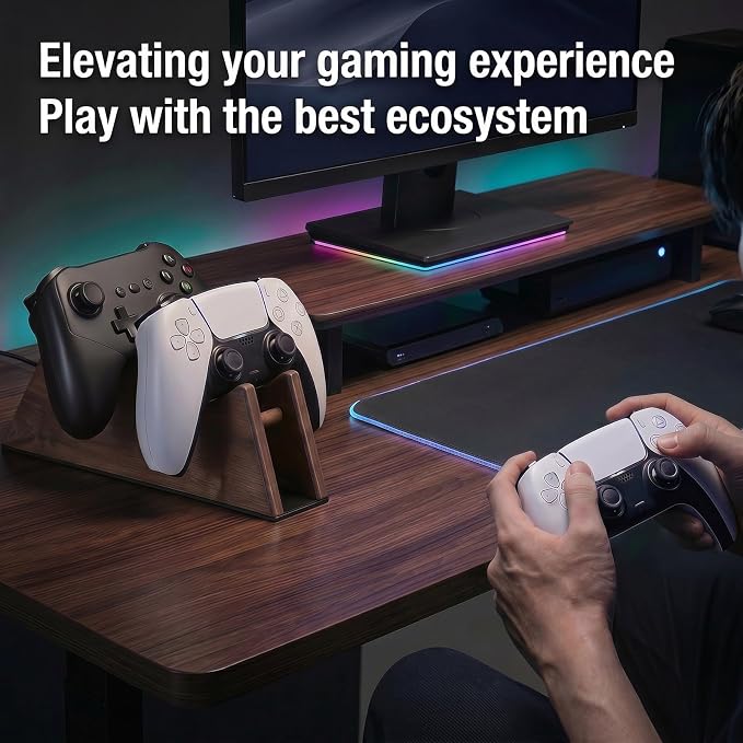 Solid Wood Controller Stand Dual Gaming Controller Holder for Desk | Fits Xbox Series X/S, Xbox One, PS5, Switch Pro - Gamer Gift for Men Desk Accessories Walnut - Image 4