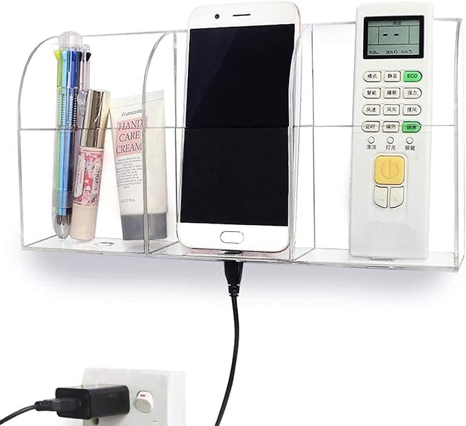 Large Acrylic 3-Slot Wall Mounted Smart Phone Charging Holder Station Clear Hanging TV Remote Controls Holder Media Organizer Wall Pansyling by Pansyling