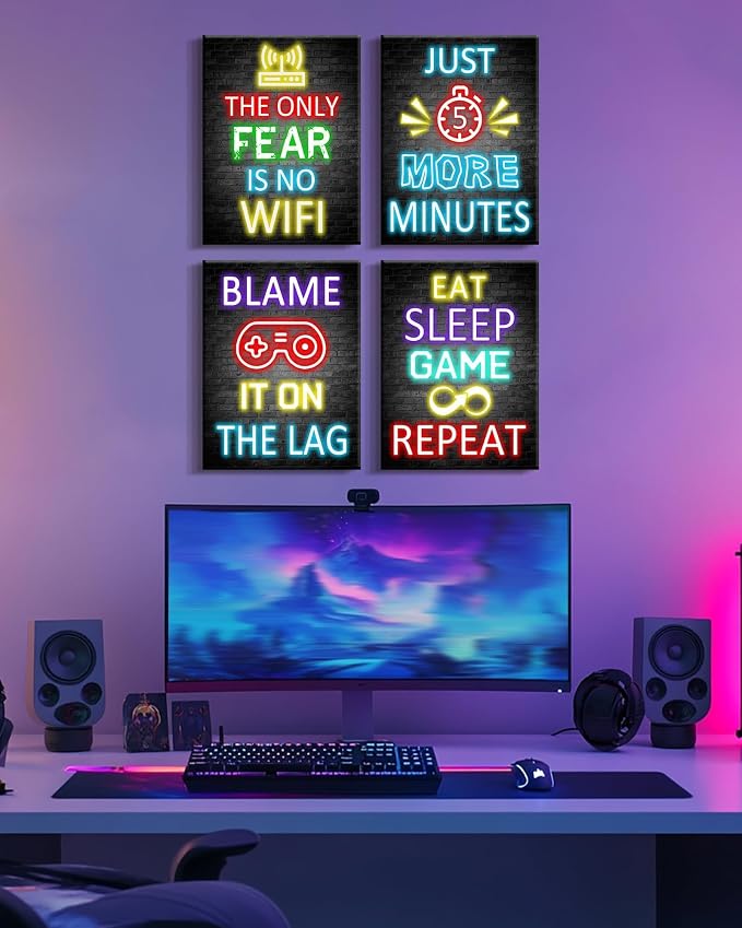 KUVIOKE Video Gamer Room Decor for Teen Boys Gaming Wall Art Gamer Neon Sign Teenage Bedroom Decor Ready to Hang Set of 4, 12x16in (Framed) - Image 6