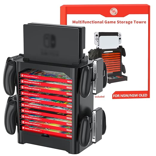 Multifunctional Game Disk Storage Tower for Nintendo Switch/OLED, Organizer Station with 10 Game Case Slot, Controller Stand with 4 Controller Rack Holder and Joy-Con Drawer for Switch Accessories by HalaGong