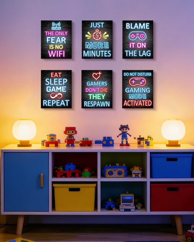 KUVIOKE Video Gamer Room Neon Decor for Teen Boys Gaming Wall Art Gamer Signs Teenage Bedroom Decor Set of 6, 8x10in (Framed) - Image 7
