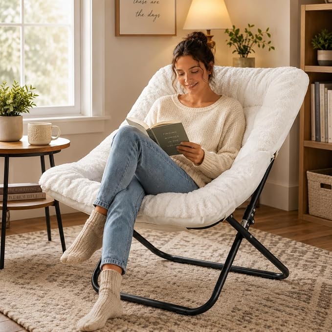 Simple Deluxe Oversized Square Moon Chair for Adults, Soft Faux Fur Folding Lounge Chair with Sturdy Steel Frame, Comfortable Reading Gaming Chair for Living Room, Bedroom, White - Image 2