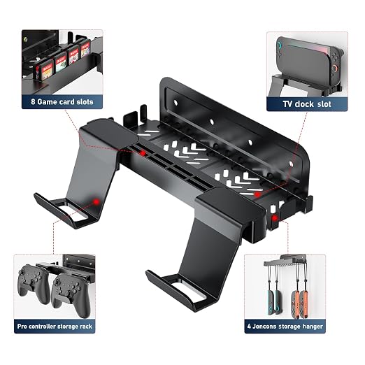 Wall Mount for Nintendo Switch 2 /Switch OLED/Switch Console, Switch 2 holder with Storage 8 Card Slots,2 Pro Controller and 4 Joycon Hanger-Install Behind TV, Black - Image 3