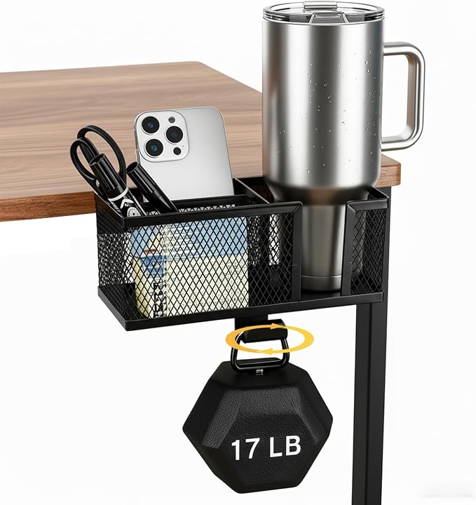 4 in 1 Metal Clip On Cup Holder Attachment for Gaming Desk or Table, Fits up to 40oz Cups, Sturdy and Easy to Clamp, Attachable Anti-Spill Cup Holder for Chair, Bedside, Bottles, Drinks - Black by Unknown
