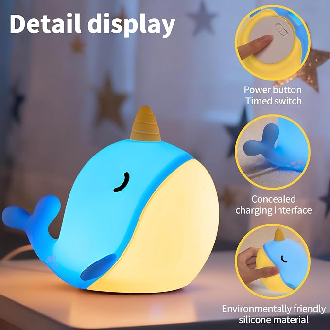 Cute Narwhal Night Light, Tap Control with 3 Warm White Brightness, USB Kids Bed Lamp with 30-Minute Timer, Soft Silicone Glow for Nursery, Birthday Gift, Blue - Image 4