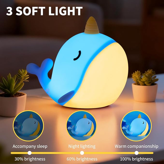Cute Narwhal Night Light, Tap Control with 3 Warm White Brightness, USB Kids Bed Lamp with 30-Minute Timer, Soft Silicone Glow for Nursery, Birthday Gift, Blue - Image 3
