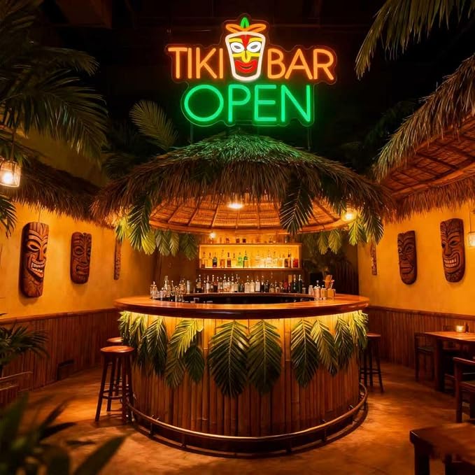 Tiki Bar Neon Sign, Tiki Bar Led Neon Light Signs for Wall Decor Open Hawaii Tropical Luau Aloha Party Outdoor Decorations for Pub Bistro Home Patios Man Cave Dimmable USB Powered Green(16.9"*11.4") - Image 6