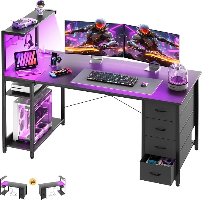 55in Gaming Computer Desk with Drawers & Storage Shelf & Iron Hook, Black by APICIZON
