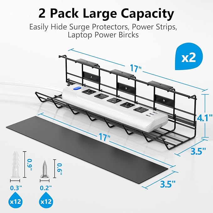 2 Pack DELAMU Under Desk Cable Management Tray, Metal Cord Cable Organizer for Desk, Easy Install Pre-drilled Wire Management Wire Organizer for Office & Home - Image 3