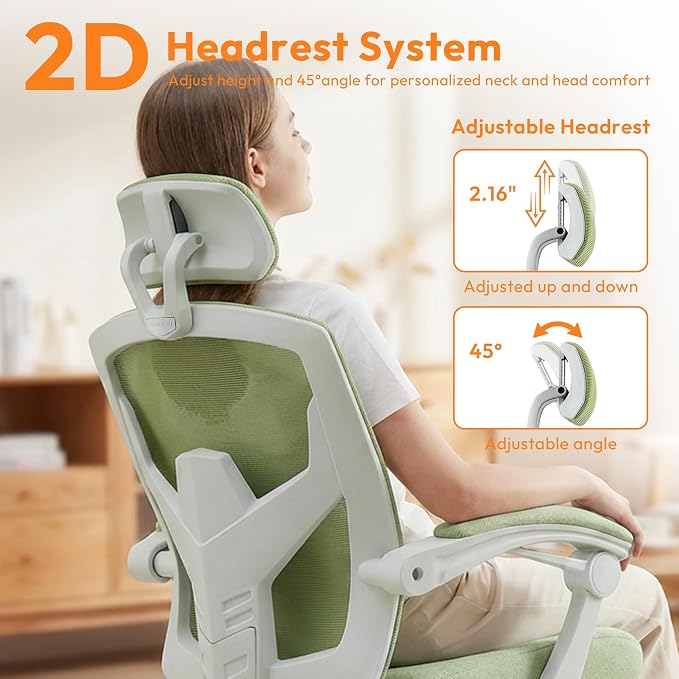Home Office Desk Chair, Comfortable Mesh Chair with Foot Rest, Green | Reclining Gaming Chair with Headrest and Lumbar Support, 90°-130° Reclining, Silent Swivel - Image 5