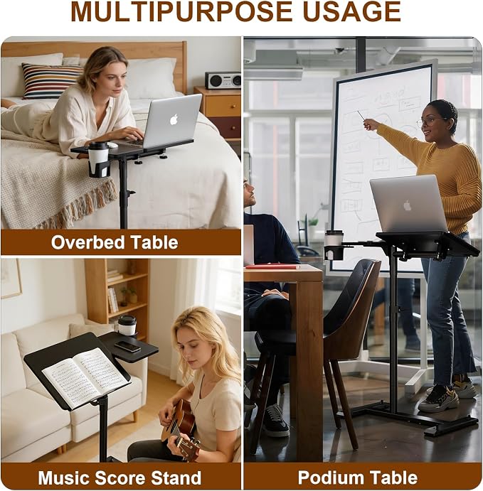 Aothia Small Standing Desk Rolling Table Adjustable Height, Laptop Mobile Stand with Wheels, Overbed Table, Portable Computer Workstation with Tiltable Desktop for Teacher Classroom Home Office, Black - Image 8