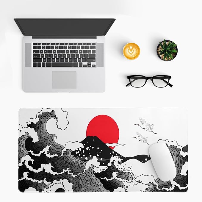 Japanese Red and Black Wave Gaming Mouse Pad Extended Large Mouse Mat Desk Pad Sea Texture Non-Slip Rubber Base Wave Mousepad Stitched Edges Keyboard Desk Pad for Office Home Game 27.6x11.8 Inch - Image 3