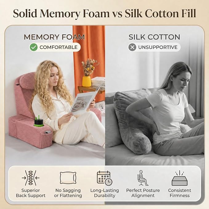 Reading Pillow for Adults, Back Pillow for Bed Sitting Up, Backrest Pillow for Sitting in Bed, Detachable Arms with Built-in Cup & Phone Caddy (Dusty Pink-Corduroy, 21 INCH) - Image 2