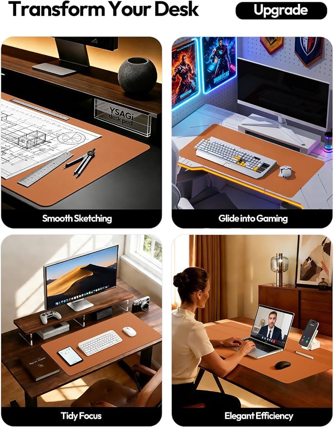 YSAGi Leather Desk Protector, Office Mat, Large Mouse Mat, Non-Slip PU Leather Blotter, Laptop Desk Mat, Waterproof Writing Pad for Office and Home(Brown, 40" x 24") - Image 2