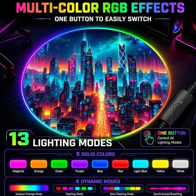 Gaming Chair Mat for Hardwood Floor Circle RGB Gaming Lights (Future City 47”) - Noise Cancelling, Anti-Slip Gamer Floor Mat – Scratch Resistant Computer Gaming Mat for Chair - Image 2