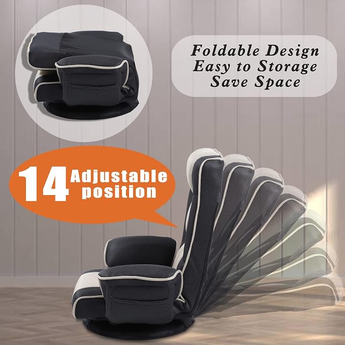 360° Swivel Floor Chair with Armrests, 14-Position Adjustable Floor Lounger for Adults, Foldable Reclining Chair for Living Room & Bedroom - Image 3
