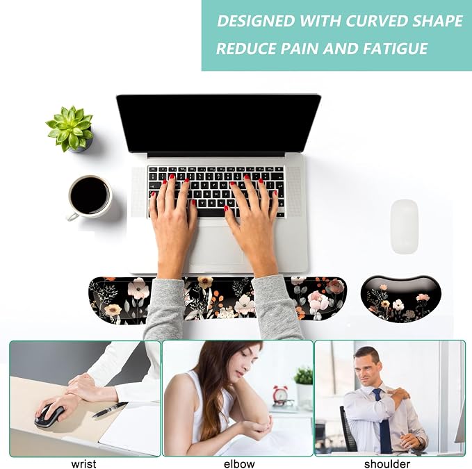 Keyboard Wrist Rest Mouse Wrist Support Set, Memory Foam Wrist Rest Pad for Computer Laptop Keyboard Mouse, Ergonomic Wrist Cushion Support for Typing Pain Relief, Gaming Home Office, Flower Black - Image 5