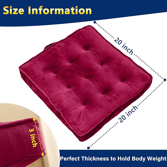 1 MIDDLE ONE Floor Pillow Set of 2, Memory Foam Meditation Cushion, Floor Cushions for Adults Sitting, Large Square Seat Cushions for Yoga, Living Room, 20x20 Inch (Burgundy) - Image 2