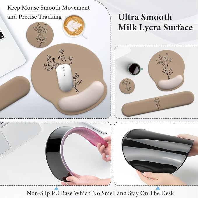 3 in 1 Ergonomic Mouse Pad and Keyboard Wrist Rest with Coaster Set-Brown - Image 3