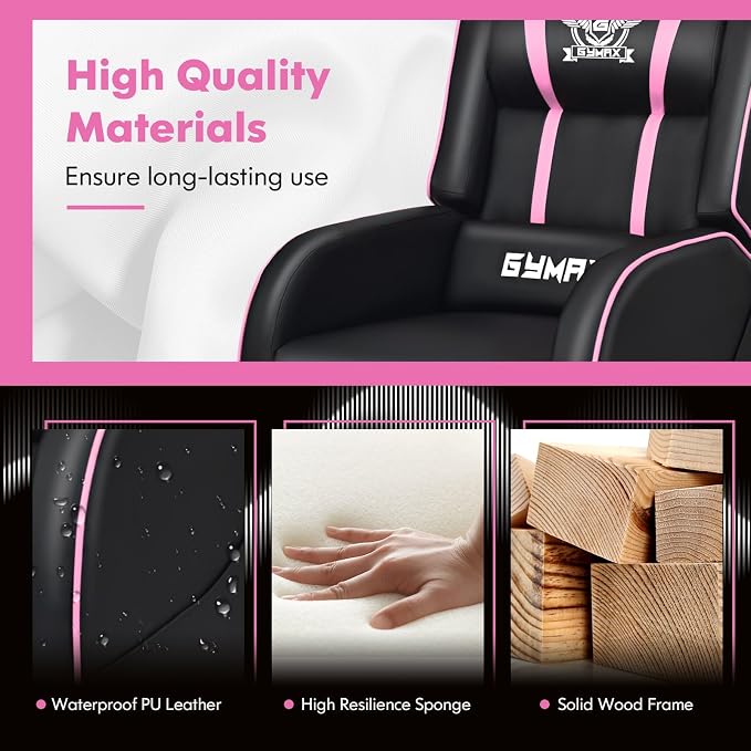 GYMAX Gaming Recliner, Massage Gaming Chair w/Adjustable Footrest, Remote Control & Side Pocket, Ergonomic Game Lounge Chair, Racing Style Single Theater Seat Game Sofa for Adults (Pink) - Image 7