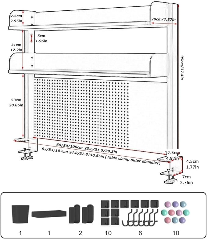 Clamp On Desk Organizer Shelf Privacy Panel for Gaming Desk Desk Extender Pegboard Workstation for Home Desk Organization 23.6/31.5/39.3in Desk Pegboard Includes 20 Accessories Black(60cm/23.6in) - Image 3