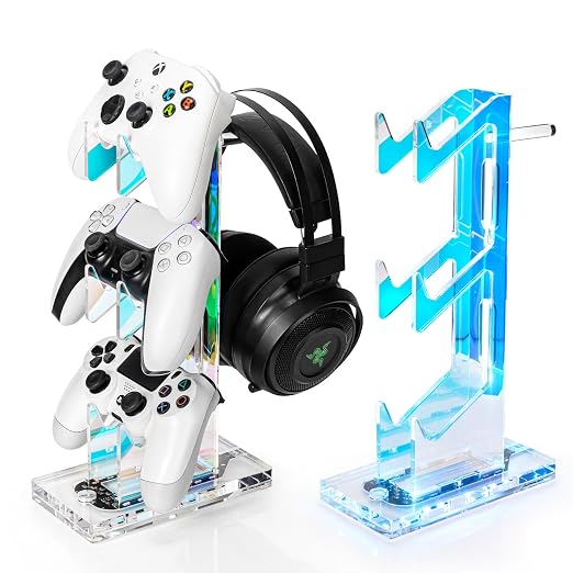 OAPRIRE RGB Controller and Headset Stand with 21 Light Modes, 3 Tier | Acrylic Game Controller Stand for Desk, Stabilized Base, Gamer Gift for PS5 PS4 Xbox Controllers, Desk Accessories, Clear by OAPRIRE