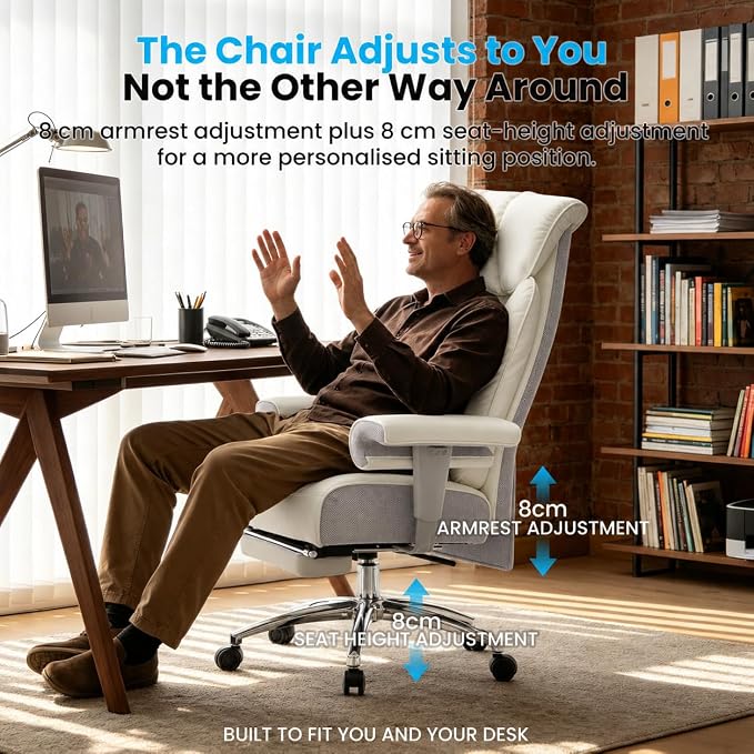 Efomao Big and Tall Executive Office Chair 450lbs,White | 5.9" Thick Pocket Spring Cushion, Reclining Breathable PU Leather Desk Chair with Foot Rest, Soft Comfortable Support - Image 4