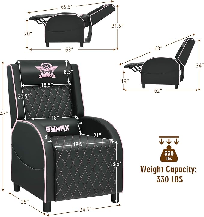 GYMAX Massage Gaming Recliner Chair, Ergonomic Racing Style Single Sofa with Adjustable Headrest, Backrest & Footrest, Home Theater Sofa for Living Room Office (Pink) - Image 3