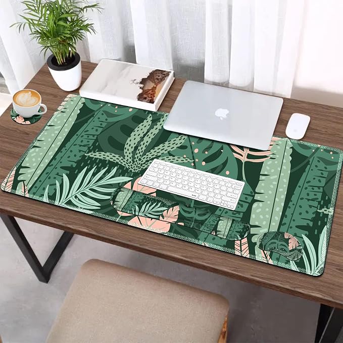 AIMSA Large Gaming Mouse Pad Set, Keyboard Wrist Rest Support Mouse Pad, Ergonomic Memory Foam Multifunctional Extended Desk Mat 35x15.7in Anti-Slip Rubber Base for Office Home, Pink Green Leaves - Image 6