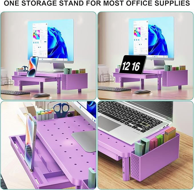 WALI Computer Monitor Stand with Storage and Pen Holder | 3 Height Adjustable Desk Organizer with Drawer, Desk Laptop Monitor Riser for Computer, Printer(PTT003-V), 1 Pack, Violet - Image 3