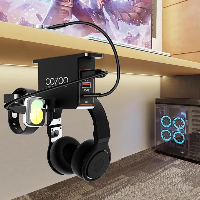 cozoo Desk Headphone Holder Hook Headset Watch Cable Bag Storage Black | 2 USB-A & 1 Type-C Ports; Holds Headphones,Watches, Cables, Various Bags,Multifunctional Desk Storage Hook for Gaming Office - Image 7