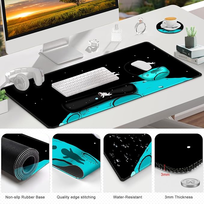 Gaming Mouse Pad, Large Desk Mat, Cute Desk Pad Protector, 4in1 XXL Mousepad + Keyboard Wrist Rest+Mouse Wrist Rest+Coaster Set with Ergonomic Desk Pad for Home Office PC Computer, Cool Space Alien - Image 8