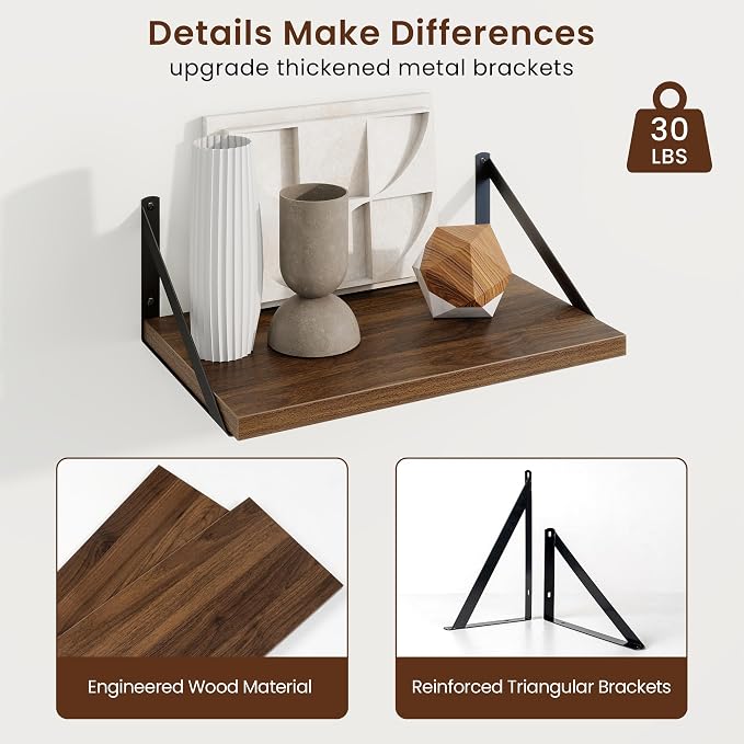 Axeman Deep Floating Shelves, 16'' x 10'' Walnut Wall Shelves Set of 2 - Image 5