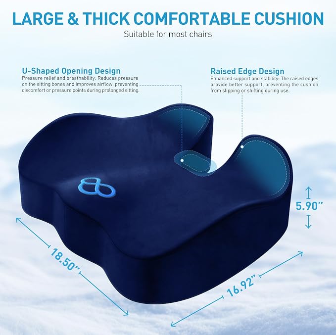 BlissTrends Extra Thick Seat Cushion for Office Chair & Car Seat, Blue | XX-Large Tailbone & Sciatica Relief, Ergonomic Support, High-Density Memory Foam, Comfort for Extended Sitting - Image 2