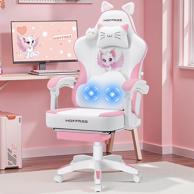 Pink Gaming Chair for Girls Cute Massage Computer Chair with Cat Ears | Cute Computer Office Chair Ergonomic Reclining Gamer Chair with Footrest Lumbar Support PC Game Chairs for Women Adults by HOFFREEOfficial