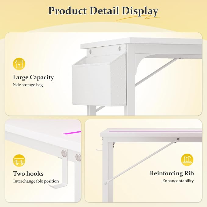 DurayLoly 48" Gaming Desk with Waterproof LED Lights for Bedroom,White - Image 8
