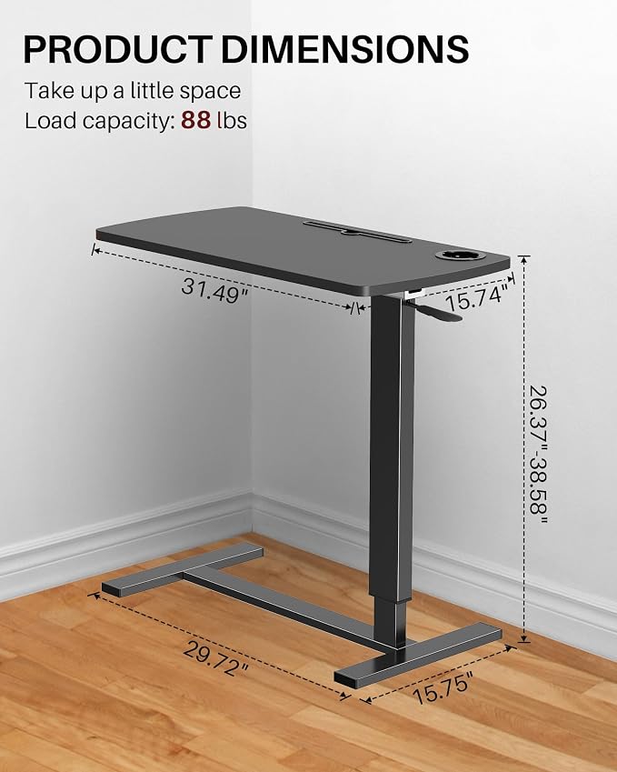 Foldable Overbed Table with Wheels, Pneumatic Adjustable Desk - Image 2