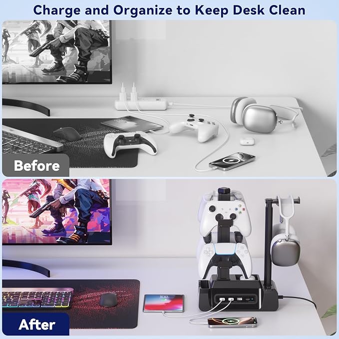 KDD Charging Station for Multiple Devices - 4 Ports Charging Dock with Controller and Headset Stand - 3 USB A & 1 USB C for Cellphone Tablet and Other Electronic - Multi Storage for Gaming Accessories - Image 7