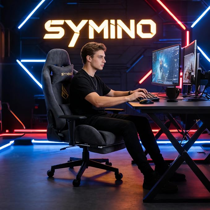Gaming Chair with Footrest, Up/Down Armrests, Suede Fabric Ergonomic Office Chair, 150° Recline Computer Chair for Desk, Darkblue - Image 2
