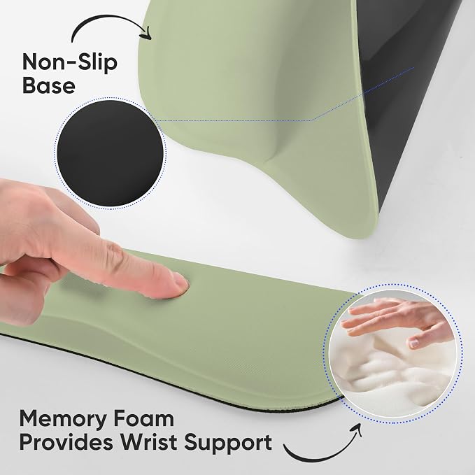 RICHEN Wrist Rest Support for Mouse Pad&Keyboard Set with Coaster,Concave Curved Memory Foam, Non-Slip Base Pain Relief Comfortable Easy Typing Pad for Home/Office (Sage Green) - Image 3
