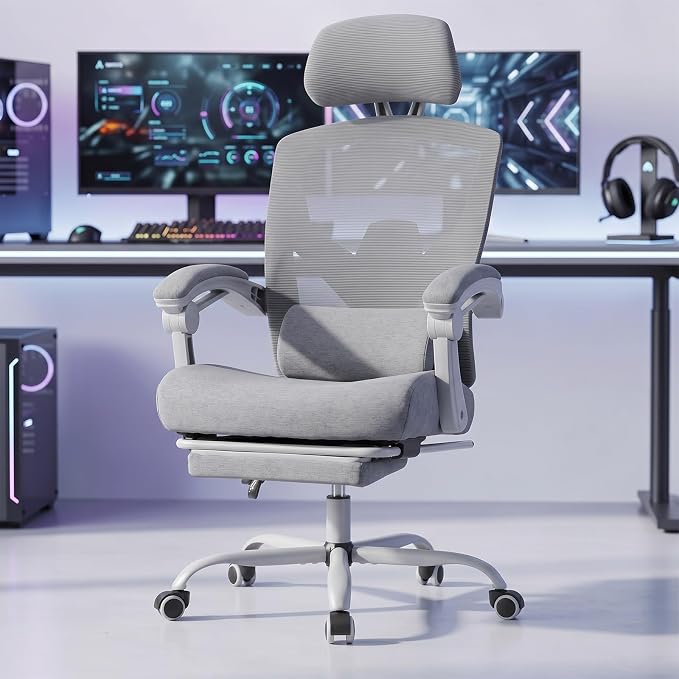 DUMOS Home Office Desk Chair, Gaming Chair with Footrest | High-Back Mesh, 360° Rolling Swivel Wheels, Comfortable Headrest, Lumbar Support, Student, Elegant Grey by DumosLifestyle