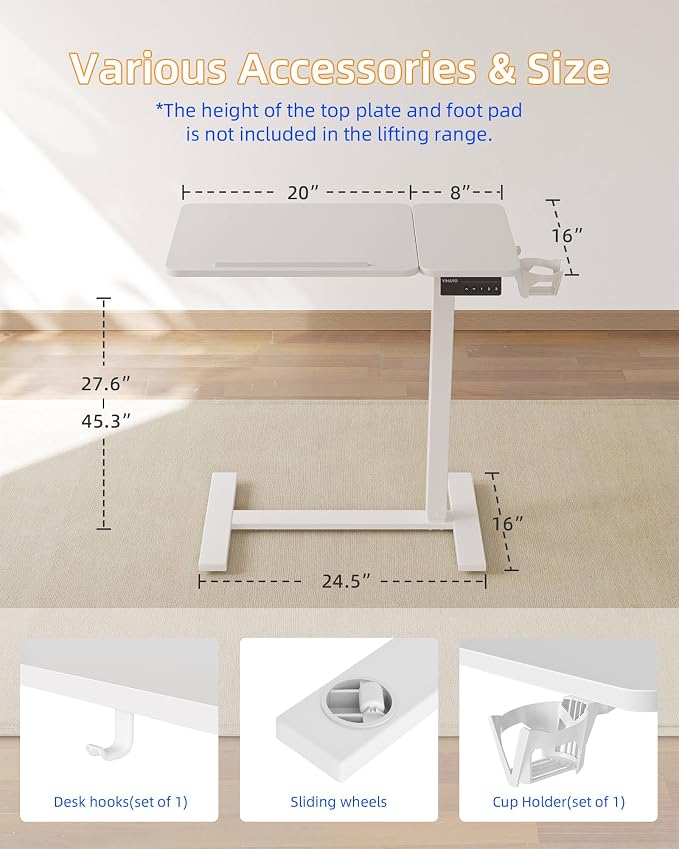 YIHAYO Adjustable Overbed Bedside Table with Wheels, 28 x 16 Inches Electric Mobile Standing Desk, Laptop Desk, Movable Overbed Tables Hospital Home Use, White - Image 3