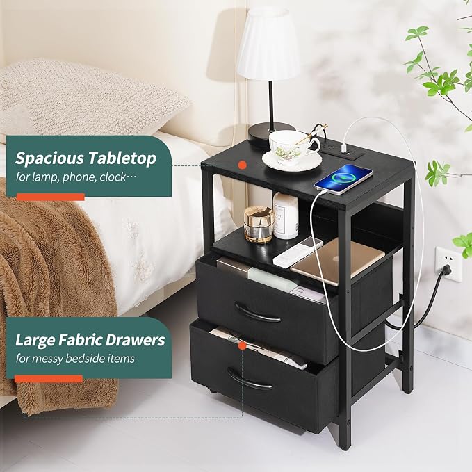 Yoobure Nightstand with Charging Station, Small Night Stand with Fabric Drawers and Storage Shelf for Bedrooms, Nightstands for Small Spaces, Bedside Table with USB Ports & Outlets Bed Side Table - Image 6